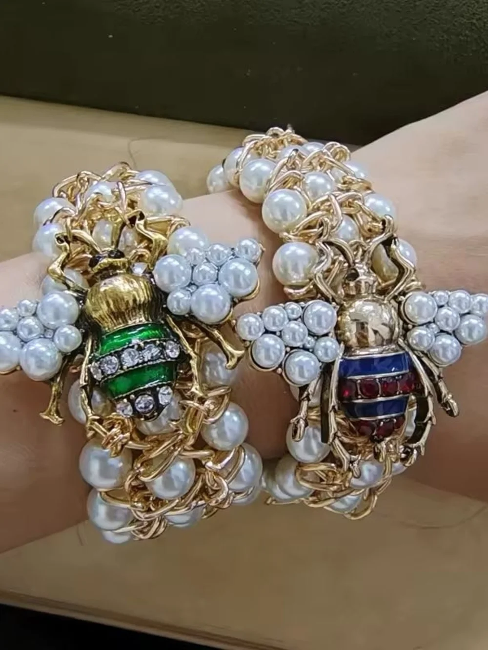 Gold Pearl Bracelet with Green Bee Charm - Picture 4 of 4
